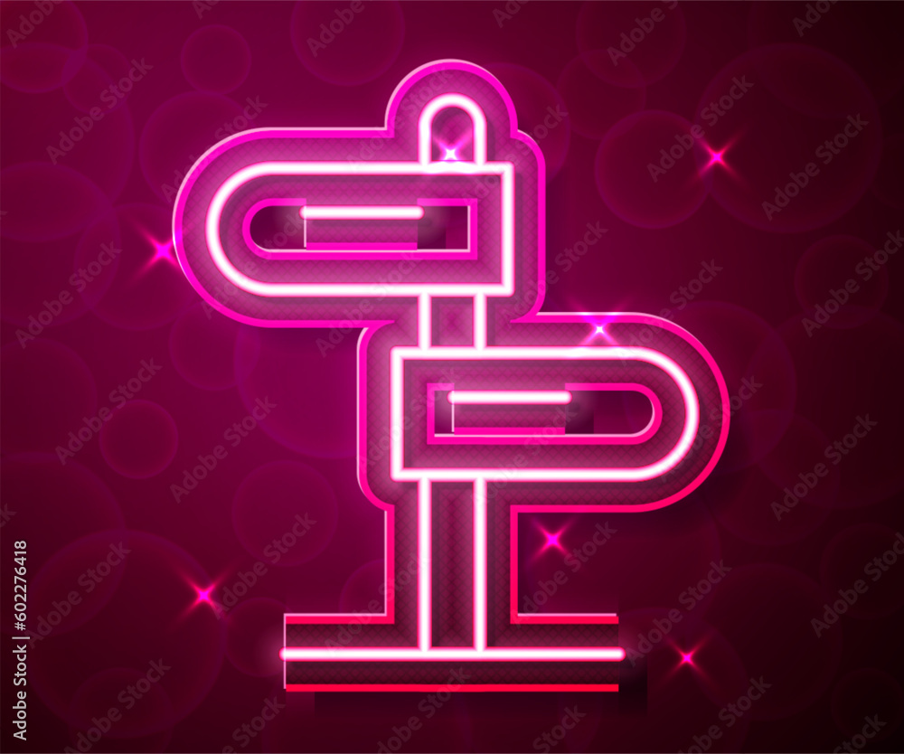 Poster glowing neon line road traffic sign. signpost icon isolated on red background. pointer symbol. isola
