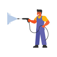 A man with a spray gun is standing in front of a white background.