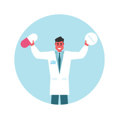 A man in a lab coat holds two pills in his hands.