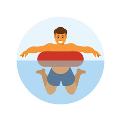 A man is swimming in a circle with a tube that says I'm a boy 