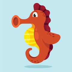Cartoon seahorse with a red mane and tail on a blue background.