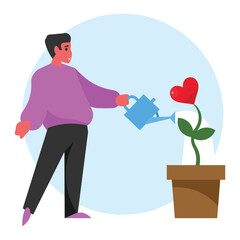 A man watering a plant with a heart shaped flower