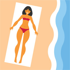 A woman in a bikini lies on a beach towel.