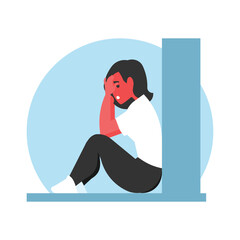 Depressed woman sitting on the window Vector illustration in flat style