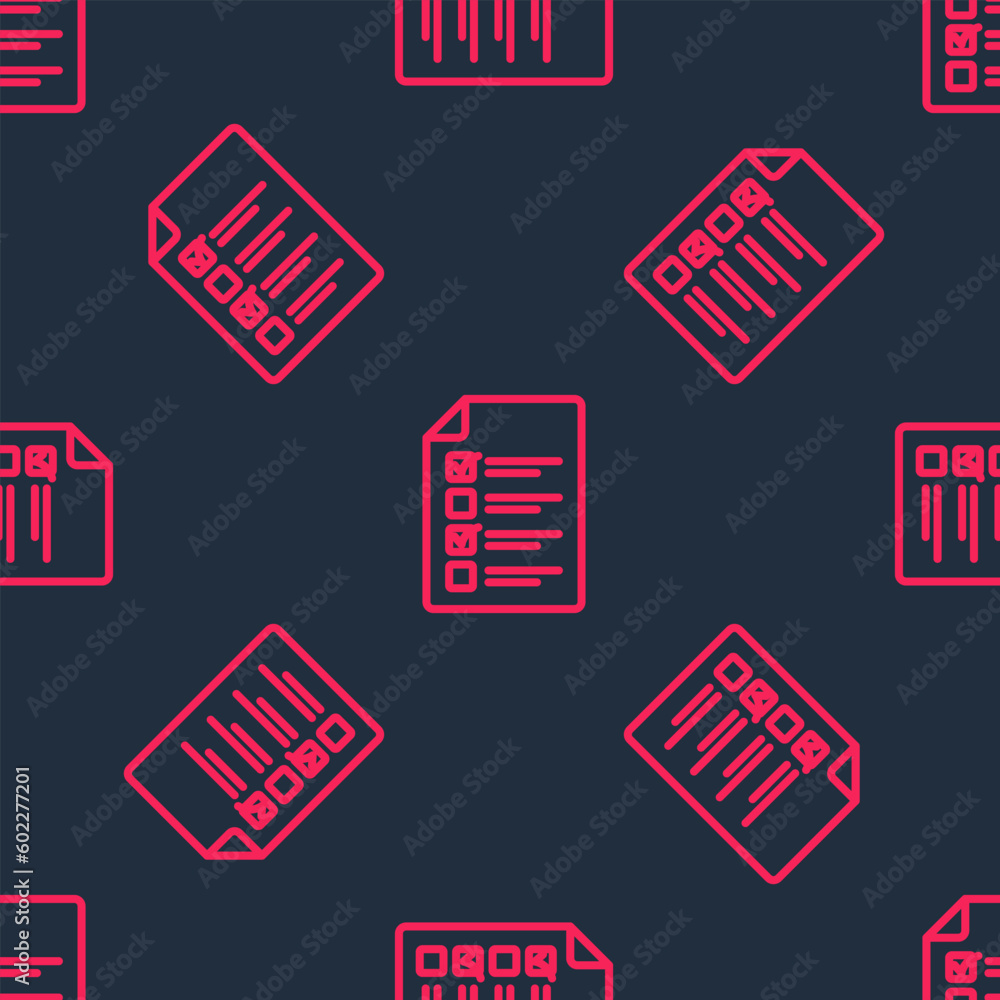 Poster red line online quiz, test, survey or checklist icon isolated seamless pattern on black background. 