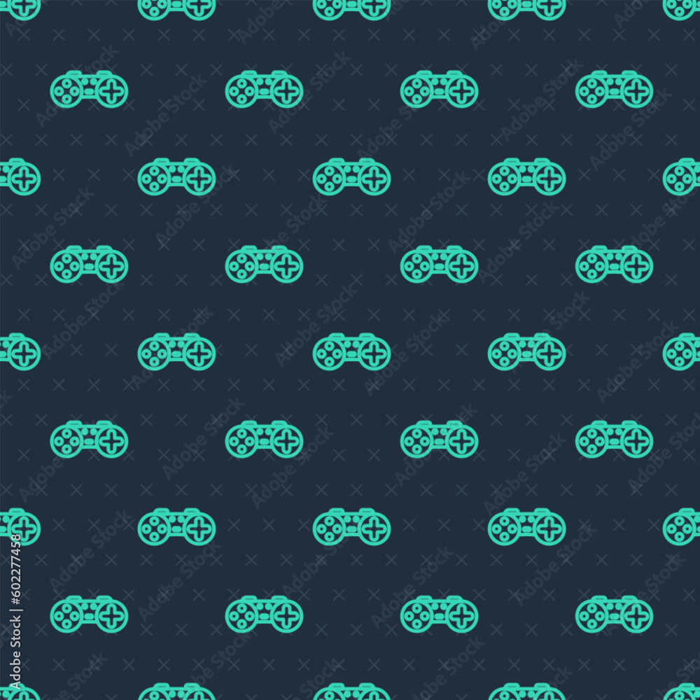 Wall mural green line gamepad icon isolated seamless pattern on blue background. game controller. vector