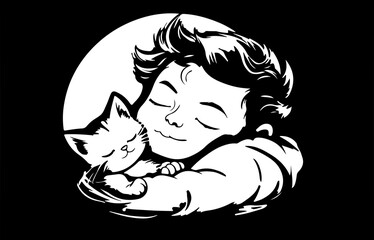 baby sleeping on a cloud with kitty. black and white illustration in the style of a sticker or a children's book. generative AI technology