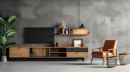 Living room interior have cabinet for tv and leather armchair in cement room with concrete wall.