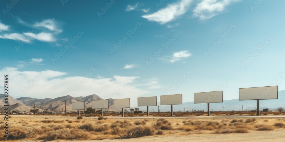 Poster a row of empty billboards in the middle of a desert. generative ai image.