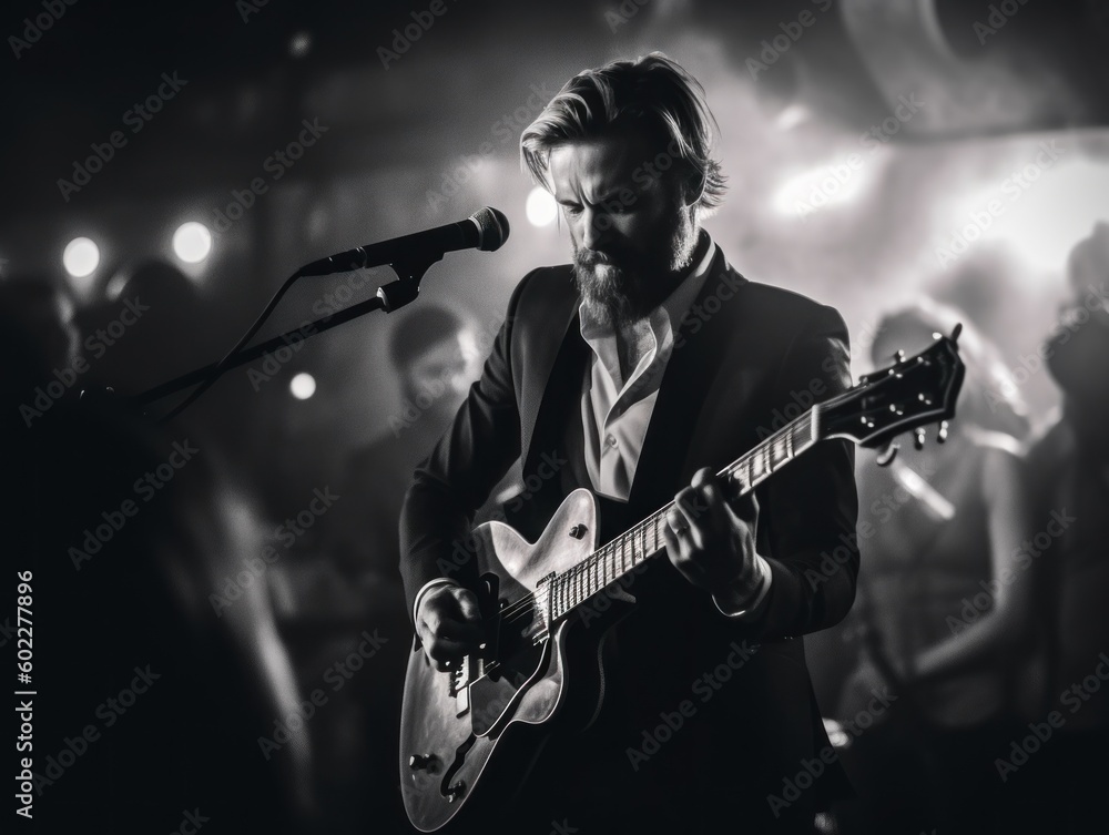 Poster a man playing a guitar in front of a microphone. generative ai image.