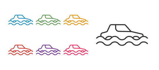 Set line Flood car icon isolated on white background. Insurance concept. Flood disaster concept. Security, safety, protection, protect concept. Set icons colorful. Vector