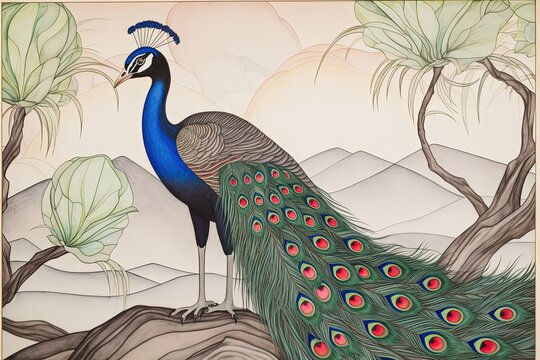 Bold and Vibrant Peacock Drawing with Precise Lines and Natural Beauty, generative AI