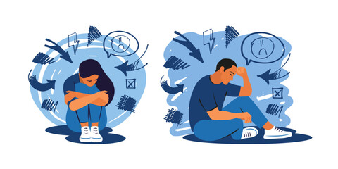Mental disorder concept. Depression woman and man. Stress, despair, anxiety disorder, fatigue. Vector illustration.