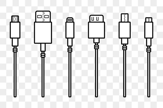 USB cables icons. Lightning micro usb types for smartphone connector plugs. Vector illustration isolated on transparent background.