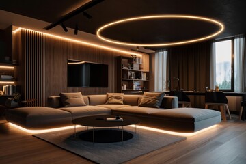 Fototapeta premium Exquisite Luxury Living Room with Sophisticated Interior Design, Plush Furnishings, and Grandiose Ambiance in LED lighting
