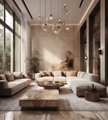 Exquisite Luxury Living Room with Sophisticated Interior Design, Plush Furnishings, and Grandiose Ambiance in LED lighting