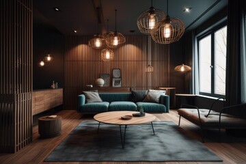 Fototapeta premium Close up details of blue extensive sofa in a luxurious living room with designer details. 3d render, generative ai