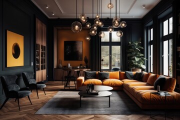 Lavish Living Room Sanctuary with Designer Furniture, High Ceilings, and Elegant Decorative Accents.