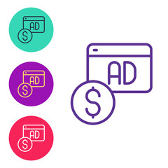 Set line Advertising icon isolated on white background. Concept of marketing and promotion process. Responsive ads. Social media advertising. Set icons colorful. Vector