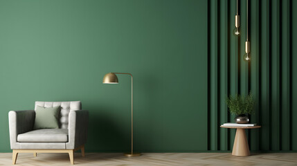 Living room with green armchair on empty dark green wall background.