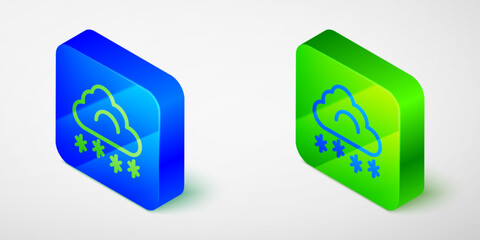 Isometric line Cloud with snow icon isolated on grey background. Cloud with snowflakes. Single weather icon. Snowing sign. Blue and green square button. Vector
