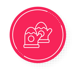 White line Pair of knitted christmas mittens icon isolated on white background. Mitten icon. Merry Christmas and Happy New Year. Red circle button. Vector