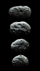 Set of asteroids on a black background. Meteorites of the inner solar system. Collection of the largest space rocks.