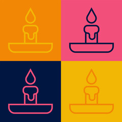 Pop art line Burning candle in candlestick icon isolated on color background. Cylindrical candle stick with burning flame. Vector