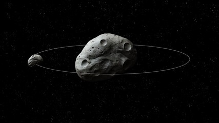 Huge asteroid with a satellite. Orbit of a meteorite around a larger space rock. System of two asteroids. © Nazarii