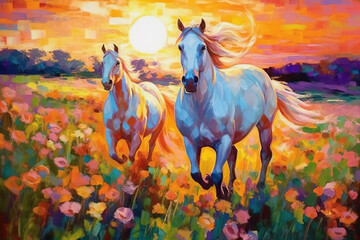 A pair of horses in love run towards the sun across a colorful field of flowers. Oil painting in the style of impressionism. Generative AI. - obrazy, fototapety, plakaty