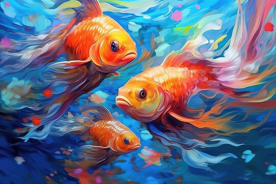 Colorful fantasy underwater world with beautiful fishes. Oil painting in an abstract style. Generative AI.