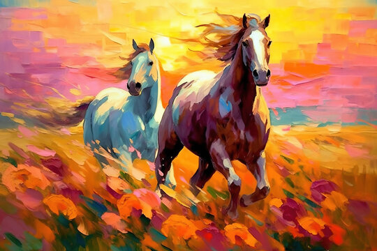 A pair of horses in love run towards the sun across a colorful field of flowers. Oil painting in the style of impressionism. Generative AI.