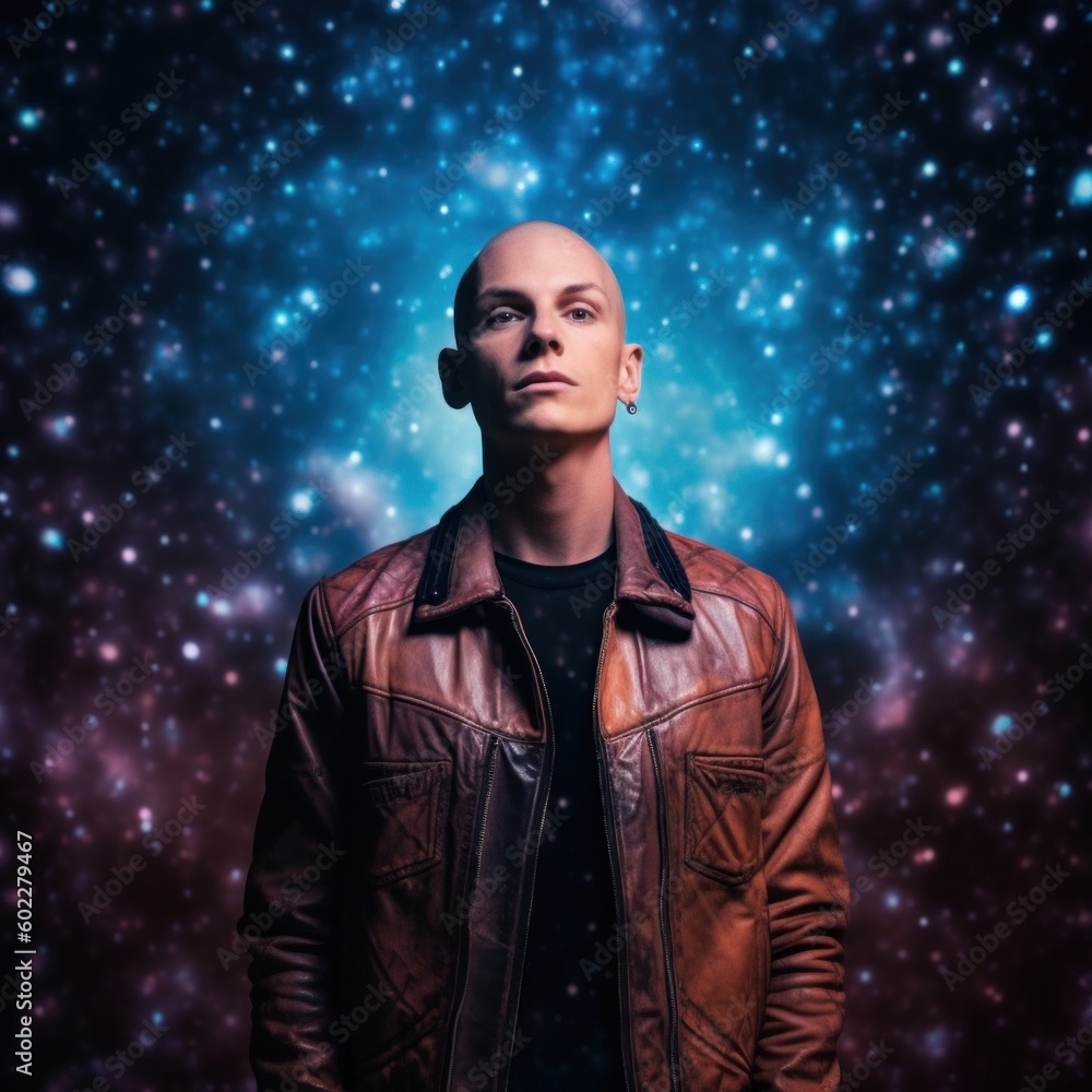 Poster a man in a leather jacket standing in front of a galaxy. generative ai image.