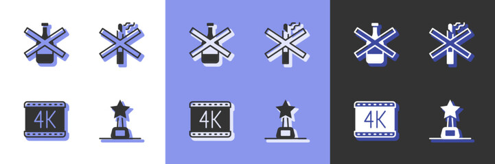 Set Movie trophy, No alcohol, 4k movie and smoking icon. Vector
