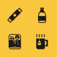 Set Sugar stick packets, Cup of tea with bag, Coffee machine and Milk bottle icon with long shadow. Vector