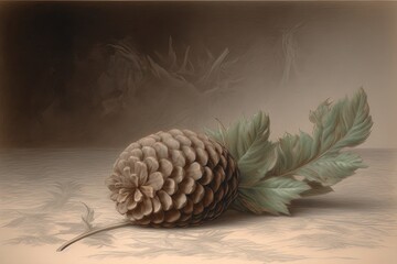 Serene and Intricate: Delicately Drawn Pine Cone in Tranquil Browns and Greens, generative AI