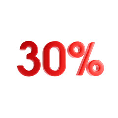 30 percent. Red thirty percent on a white background. 3d render illustration.