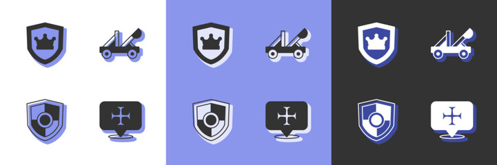 Set Crusade, Shield with crown, and Medieval catapult icon. Vector