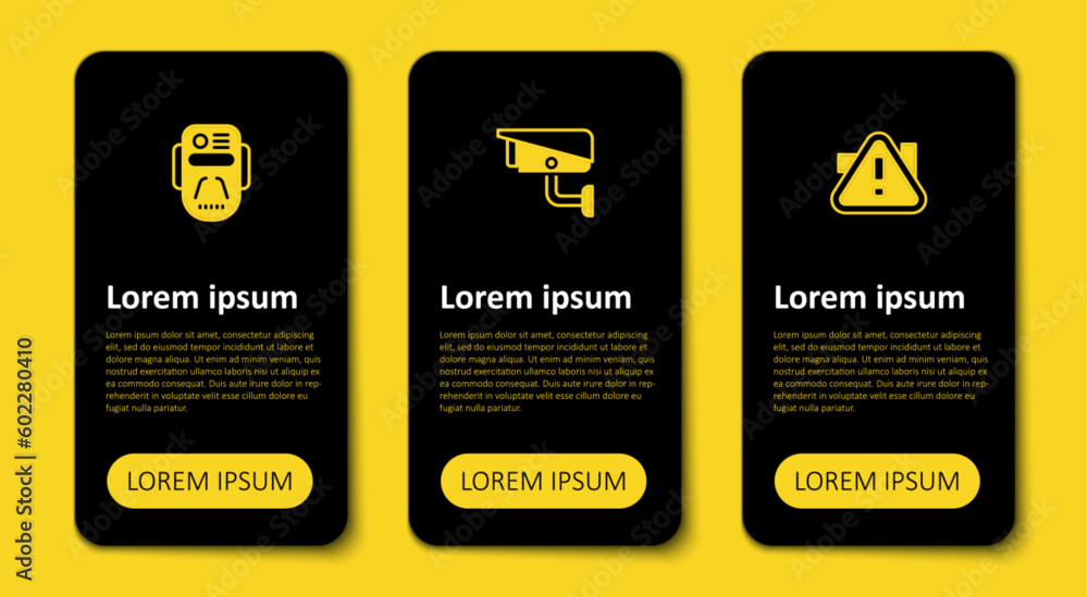 Poster set exclamation mark in triangle, security camera and artificial intelligence robot. business infogr