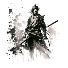 Samurai - ink painting - black and white - created with generative AI