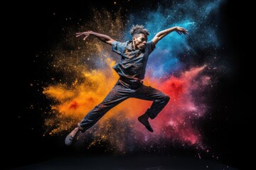 Fototapeta na wymiar A man jumping in the air with colored powder in the air. Generative AI image.