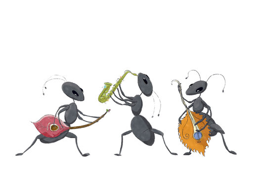 Watercolor sketch fantasy drawing of three ants playing music, book character drawings isolated over white background