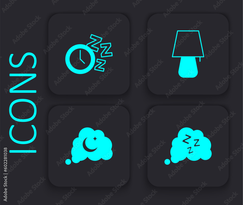 Poster set sleepy, alarm clock, table lamp and dreams icon. black square button. vector