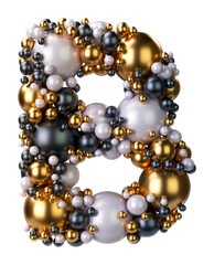 Alphabets letter B of jewelry balls in black and yellow gold and pearls. Jewelry balls font Isolated on transparent background. 3D render