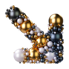 Alphabets symbol Arrow Right Bottom of jewelry balls in black and yellow gold and pearls. Jewelry balls font Isolated on transparent background. 3D render
