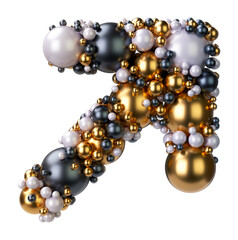 Alphabets symbol Arrow Right Top of jewelry balls in black and yellow gold and pearls. Jewelry balls font Isolated on transparent background. 3D render