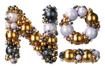 Alphabets symbol Numero Sign of jewelry balls in black and yellow gold and pearls. Jewelry balls font Isolated on transparent background. 3D render