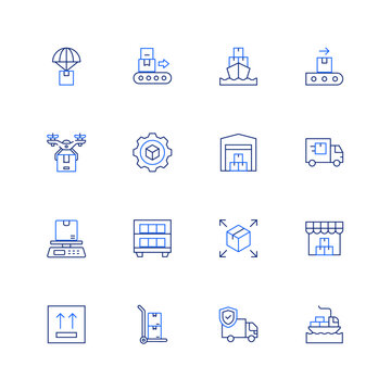 Logistics icon set. Editable stroke. Thin line icon. Duotone color. Containing parachute, package, cargo ship, conveyor, drone delivery, production, warehouse, logistics, scale, shelf, distribution.