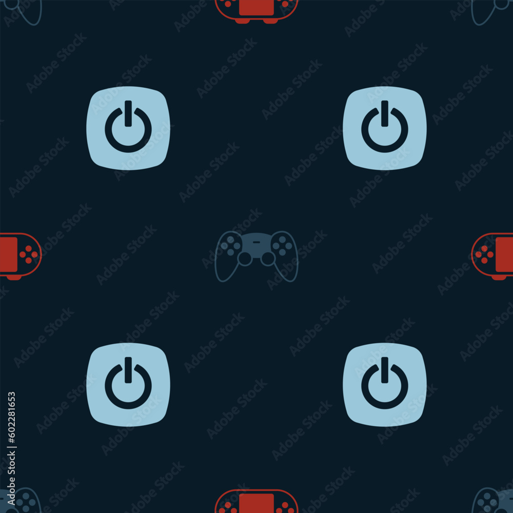 Poster set portable video game console, game controller joystick and power button on seamless pattern. vect