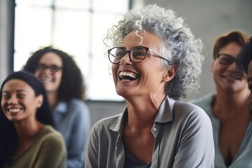 Mature mentor trains young interns, leading group meetings and workshops. Middle-aged professor shares laughs with university students in class. Generative AI